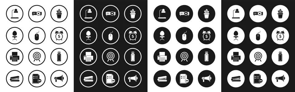 Set Flowers in pot, Computer mouse, Office chair, Table lamp, Alarm clock with Stock Illustration