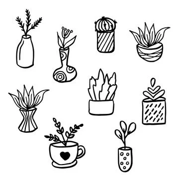 Set of Flowers in pots painted black line on a white background. Vector drawing Stock Illustration