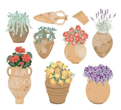 Set of Flowers Potted in the earthenware pottery. Gardens decorative elemen.. Stock Illustration