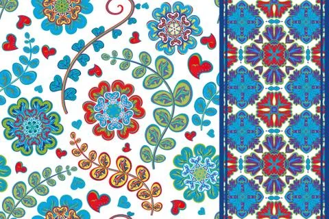 Set of flowers seamless pattern and border backgrounds. Vector illustration 스톡 일러스트