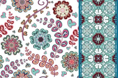 Set of flowers seamless pattern and border backgrounds. Vector illustration Stock Illustration