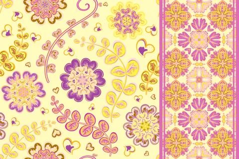 Set of flowers seamless pattern and border backgrounds. Vector illustration 스톡 일러스트