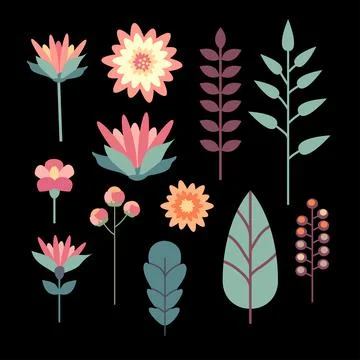 Set from flowers, stems, branches and leaves in vector flat style. Stock Illustration