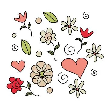 Set of flowers in style of doodle colored on white background Stock Illustration