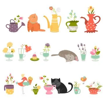 Set of  flowers in vases Stock Illustration