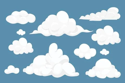 Set fluffy clouds simple cute design in cartoon style isolated on blue Stock Illustration