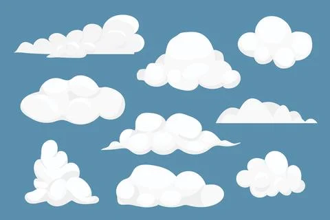 Set fluffy clouds simple cute design in cartoon style isolated on blue Stock Illustration