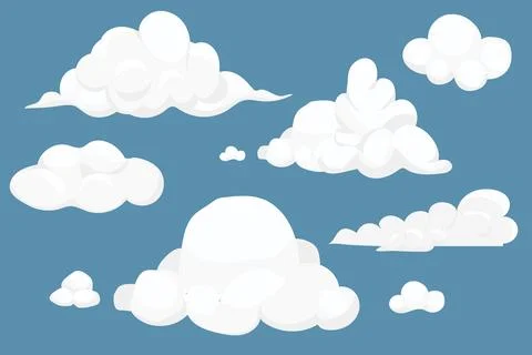 Set fluffy clouds simple cute design in cartoon style isolated on blue Stock Illustration