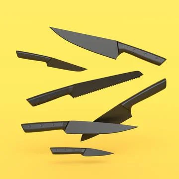 Set of fluing chef kitchen knives with a wooden handle on monochrome backgr.. Illustration