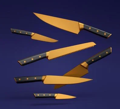 Set of fluing chef's kitchen knives with a wooden handle on blue background. Illustration