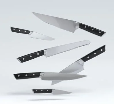 Set of fluing chef's kitchen knives with a wooden handle on white background. Stockfoto's