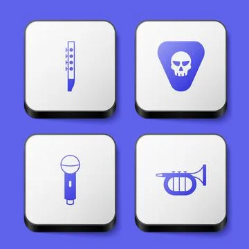 Set Flute, Guitar pick, Microphone and Trumpet icon. White square button. Vector Stock Illustration
