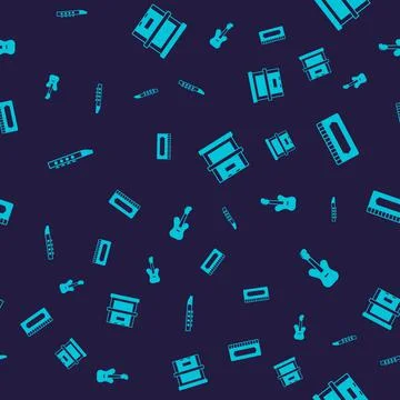 Set Flute, Harmonica, Piano and Electric bass guitar on seamless pattern. Vector Stock Illustration