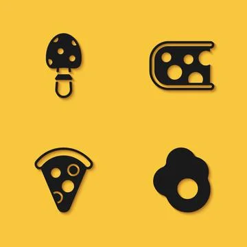 Set Fly agaric mushroom, Scrambled egg, Slice of pizza and Cheese icon with long Stock Illustration