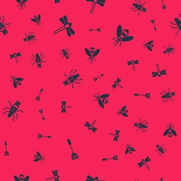 Set Fly swatter, Dragonfly, Termite and Bee on seamless pattern. Vector Stock Illustration