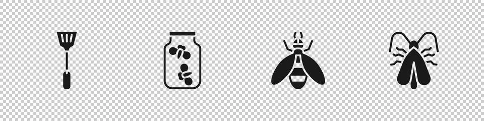 Set Fly swatter, Fireflies bugs in jar, Bee and Clothes moth icon. Vector Stock Illustration