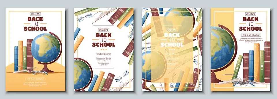 Set of flyer template with globe and books. School time, back to school, educ Stock Illustration