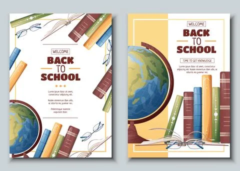 Set of flyer template with globe and books. School time, back to school, educ Stock Illustration