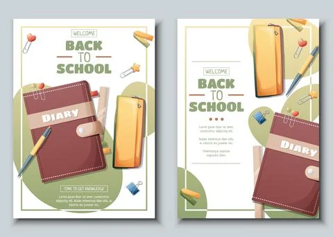 Set of flyer template with ndiary with a pencil case.. School time, back to.. Stock Illustration