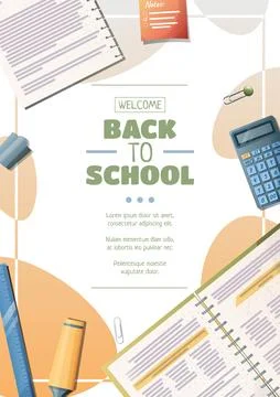 Set of flyer template with notebook with calculator and pencil. School time,  Stock Illustration