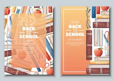 Set of flyer template with school accessories, books and textbooks. School .. Stock Illustration