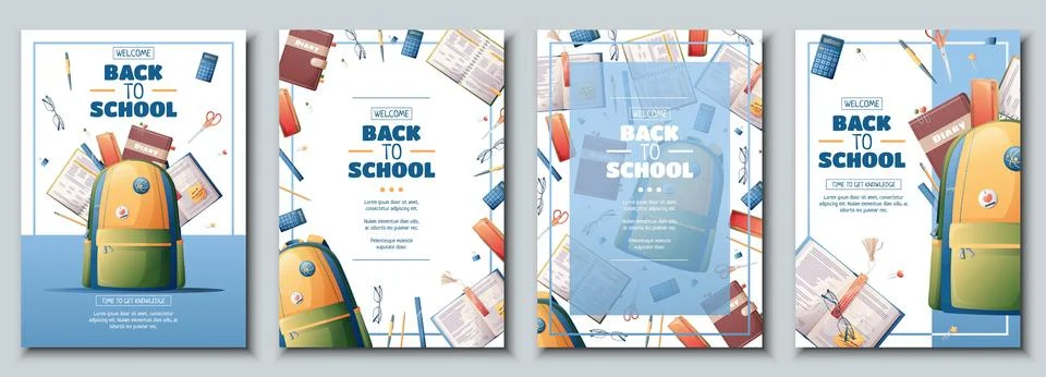 Set of flyer template with school backpack, books and textbooks. School tim.. Stock Illustration