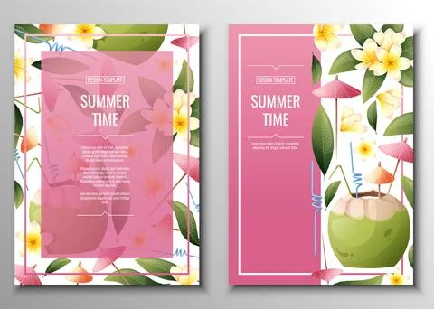 Set of flyer templates with beach coconut cocktail and frangipani flowers. .. Illustrazione stock