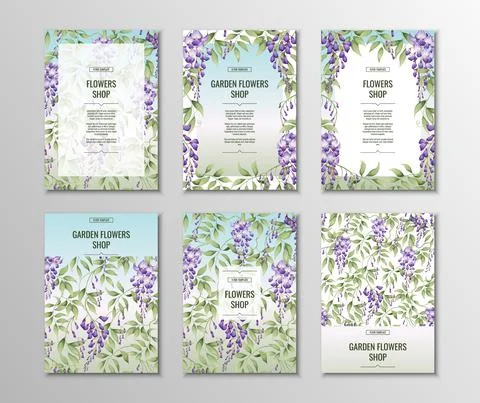 Set of flyer templates for poster, invitations with purple wisteria. A4 size  Stock Illustration