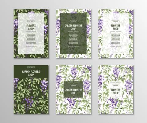 Set of flyer templates for poster, invitations with purple wisteria. A4 size  Stock Illustration