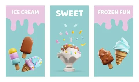Set of flyers with different ice creams 3D style, vector illustration Stock Illustration