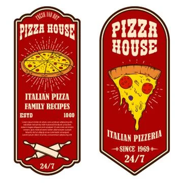 Set of flyers of pizzeria. Design elements for logo, label, sign, badge, poster. Illustrazione stock