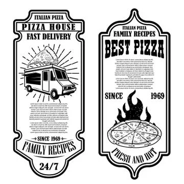 Set of flyers of pizzeria. Design elements for logo, label, sign, badge, poster. Illustrazione stock