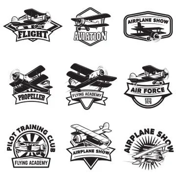 Set of flying academy emblems. Vintage airplanes. Design element Stock Illustration