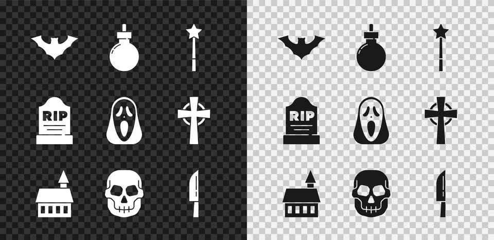 Set Flying bat, Bomb ready to explode, Magic wand, Castle, Skull, Knife Stock Illustration