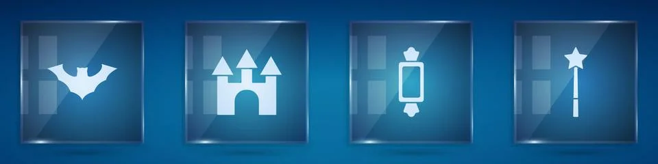 Set Flying bat, Castle, Candy and Magic wand. Square glass panels. Vector Illustrazione stock