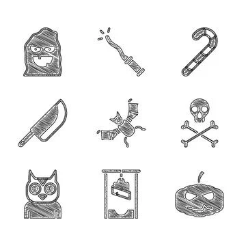 Set Flying bat, Guillotine, Pumpkin, Skull on crossbones, Owl bird, Knife Stock Illustration