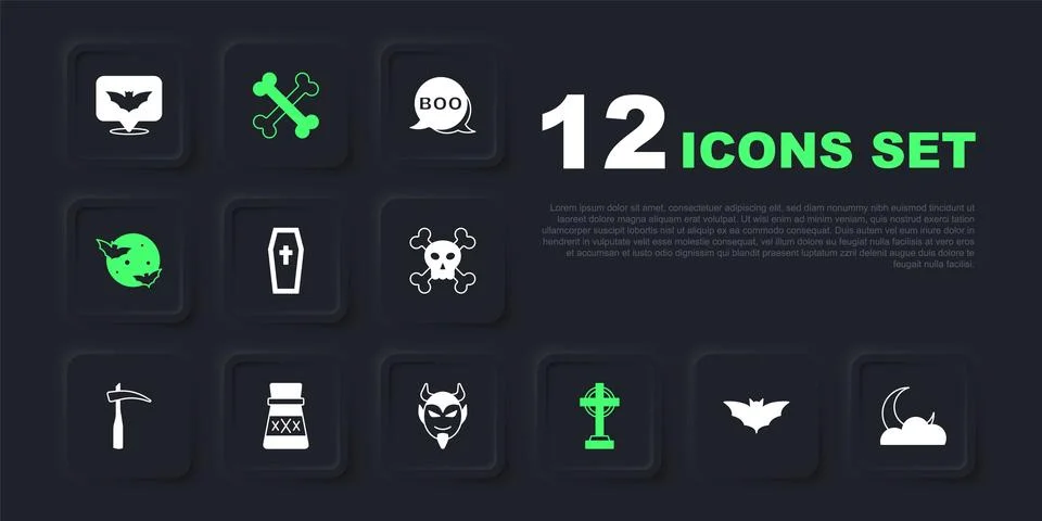 Set Flying bat, Moon and stars, Coffin with christian cross, Tombstone, Bot.. Stock Illustration