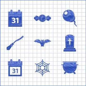 Set Flying bat, Spider web, Halloween witch cauldron, Tombstone with cross Illustration