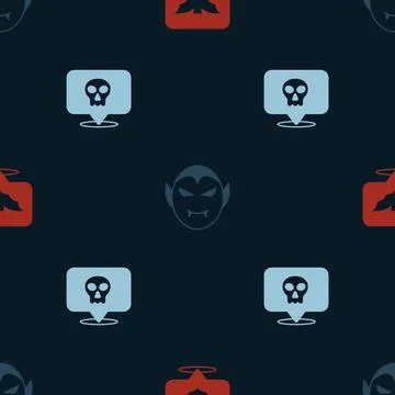 Set Flying bat, Vampire and Skull on seamless pattern. Vector Stock Illustration