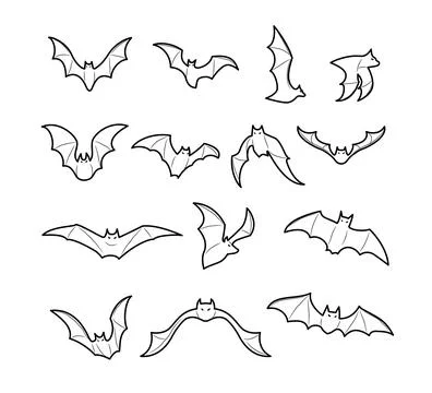 Set of flying bats doodle outline collection, Bats coloring page book fly i.. Stock Illustration