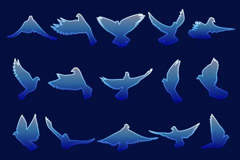 Set of flying blue doves on blue background Stock Illustration
