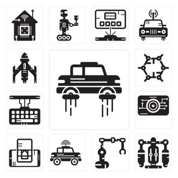 Set of Flying car, Jet pack, Industrial robot, Car, Smartphone, Eye scan, Key 무료 스톡 일러스트