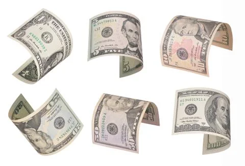 Set of flying dollar bills. Isolated on white Stock Photos