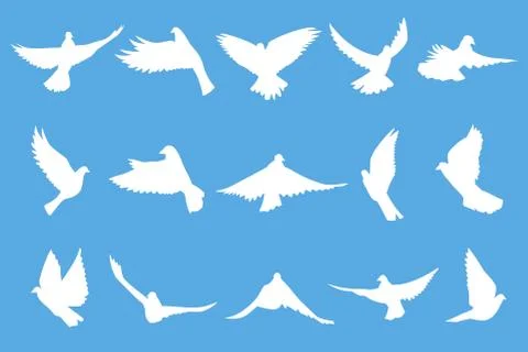 Set of flying doves on blue background Stock Illustration