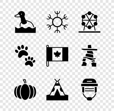 Set Flying duck, Snowflake, Ferris wheel, Pumpkin, Indian teepee or wigwam 스톡 일러스트