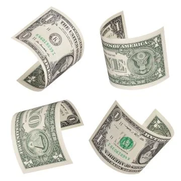 Set of flying one dollars bills. Isolated on white Stock Photos