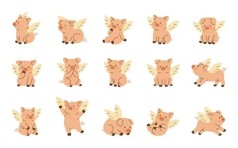 Set of flying piglets with wings in different poses. Cute fantasy pig cartoon Stock Illustration