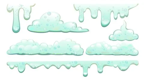 Set Foam and drips. objects. Foaming liquids. Water, detergent or food product Stock Illustration