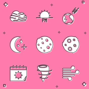 Set Fog and cloud, Sunset, Comet falling down fast, Moon stars, Calendar sun and Stock Illustration
