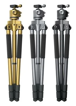 Set of foldable camera tripods in black, gold, and silver colors isolated o.. 스톡 일러스트